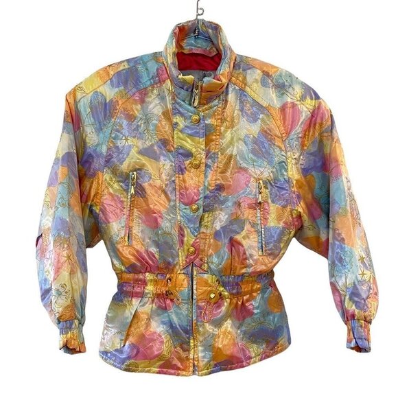 Descente Women's Ski Snowboard Jacket Pastel Floral Pockets Mock Neck Zipper 9 - Picture 1 of 9